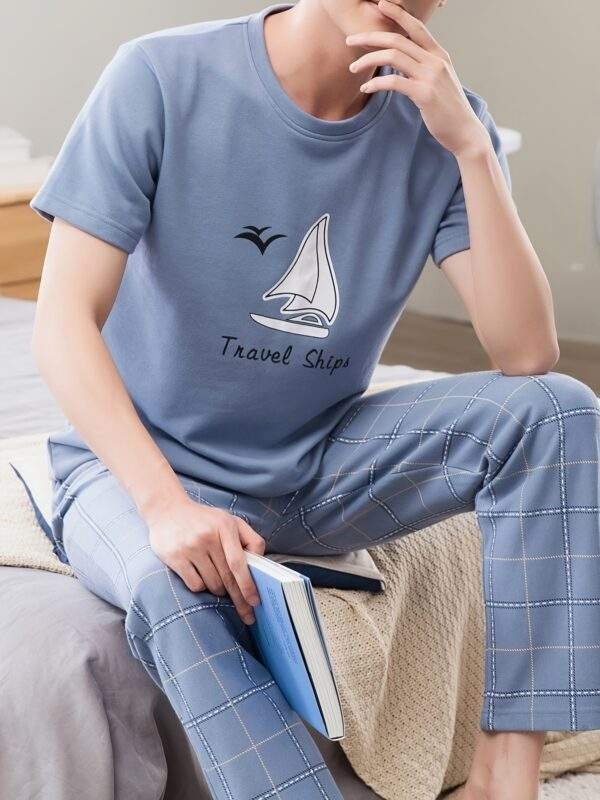 Men's Summer Cotton Pajama Set - Casual & Comfy Short Sleeve Tee with Long Pants, Breathable Lightweight Sleepwear - Image 4