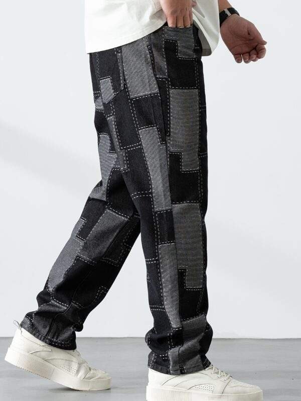 Men’s Plus Size Casual Checkered Straight-Leg Denim Pants – Loose Fit, Geometric Pattern, All-Season Blend - Image 8