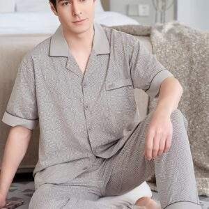 Men'S 100% Cotton Geometric Print Pajama Set - Soft, Comfortable, Breathable Short Sleeve Sleepwear for Spring & Summer, Ideal Gift, Breathable Clothing | Modern Casual Wear | Glossy Finish