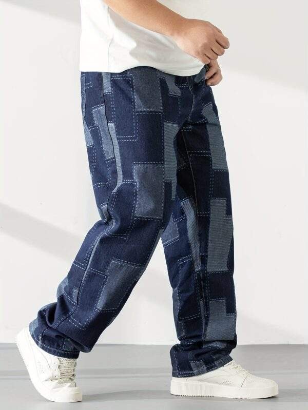 Men’s Plus Size Casual Checkered Straight-Leg Denim Pants – Loose Fit, Geometric Pattern, All-Season Blend - Image 5