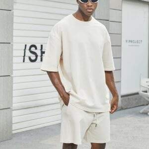 Item Longfei OBM Summer Fashion Heavyweight High-Quality Pure Cotton Casual Short T-Shirt and Shorts Two-Piece Set for Men and Women, All-Cotton Round Neck Short-Sleeved T-Shirt and Shorts in the Same Color Matching Ins Hot 2pcs Street Fashion Trendy Brand Leisure Sports Two-piece