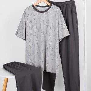 Men'S Sleepwear Set for Spring And Summer, Featuring a Pure Cotton Short-Sleeve Top And Long Pants, Designed As a Simple Plus-Size Homewear Set.