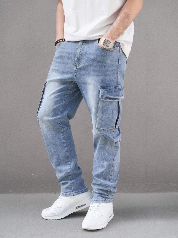 Men’s Plus Size Cargo Jeans – Stretch Denim, Slim Fit, Washed Blue, Pockets, Fall/Winter Casual Wear - Image 6