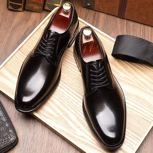 Men’s Solid Cowhide Derby Shoes – Plain Toe Lace-Up Dress Shoes with Non-Slip Sole - Image 12