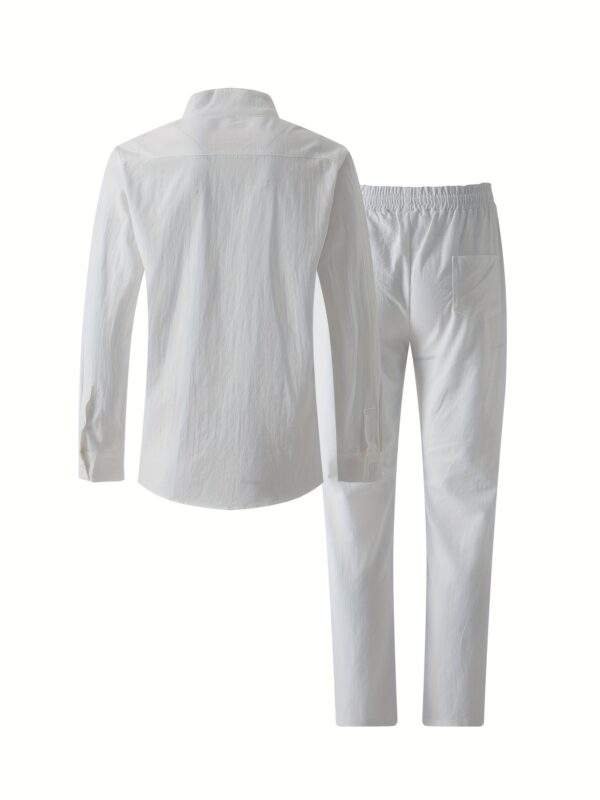 Men'S 2pcs Cotton Sweatsuit Set Casual Henley Long Sleeve Shirt and Beach Trousers with Pockets Yoga Outfit Solid Color Non-Stretch Woven Fabric Spring/Fall Button Details Regular Fit - Image 9