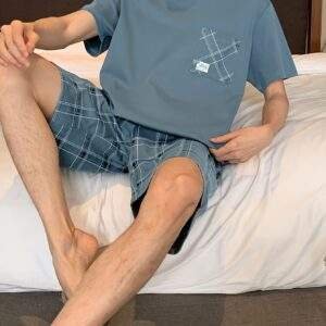 Men's Cotton Casual 2 Piece Pajama Set, Thin Short Sleeve Lounge Wear & Shorts, Fashionable Comfy Home Wear Set