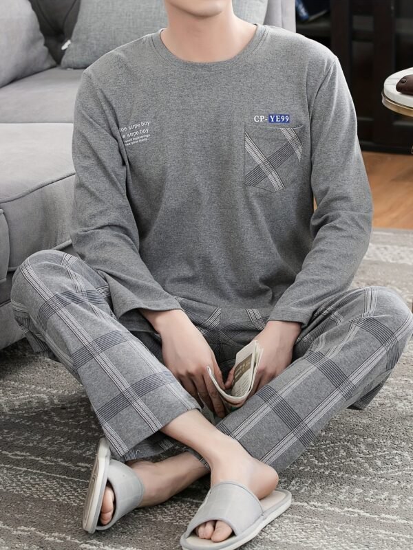 Men's Simple Style Casual Cotton Pajamas Sets, Solid Long Sleeve With Chest Pocket Crew Neck Top & Loose Checkered Pants Lounge Wear, Outdoor Sets For Spring Autumn - Image 3