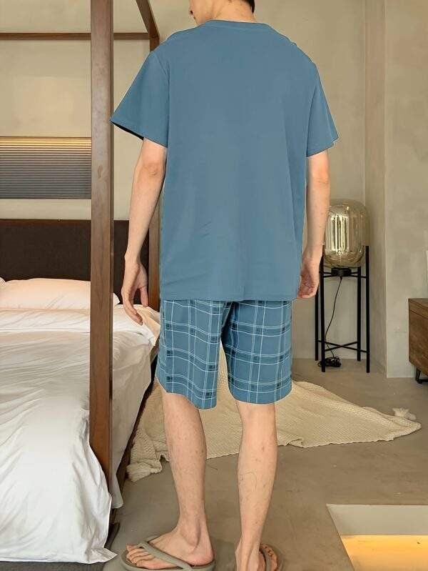 Men's Cotton Casual 2 Piece Pajama Set, Thin Short Sleeve Lounge Wear & Shorts, Fashionable Comfy Home Wear Set - Image 2