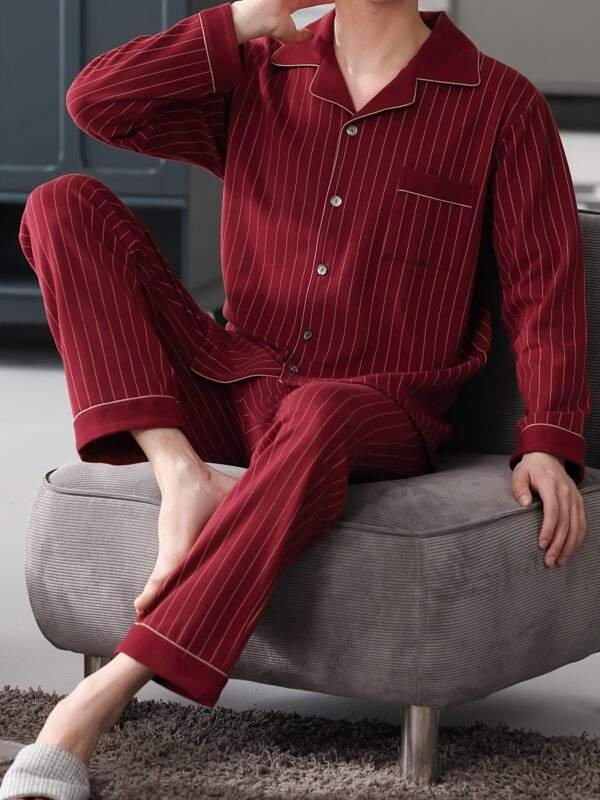100% Cotton Men'S Pajama Set - Casual Lapel Collar Long Sleeve Sleepwear with Pockets, Striped Slight Stretch Knit Fabric, Loose Fit Lounge Sets for Spring/Fall