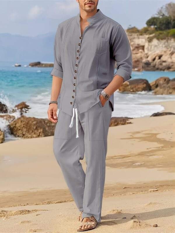 Spring and Autumn Men's Cotton Cuban Style Casual Suit, Fashionable Beach Two-Piece Set - Image 4