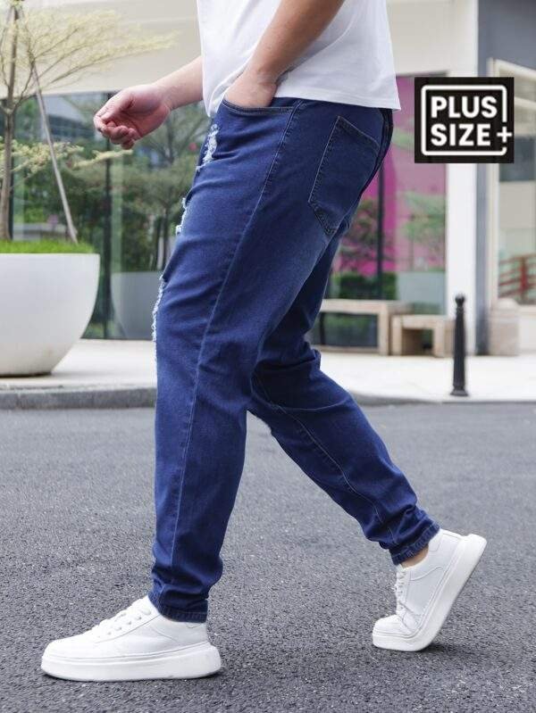 Men’s Plus Size Skinny Jeans – Dark Blue Distressed Stretch Denim, Cotton Blend, Machine Washable, Comfortable Fit, All Seasons - Image 5