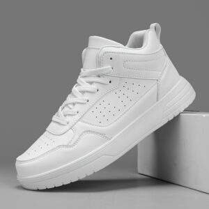 Men’s High-Top Lace-Up Sneakers – White Breathable Casual & Outdoor Shoes