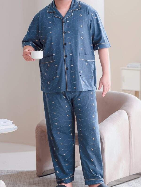 Plus Size Men's 100% Cotton Lapel Cardigan Short Sleeve Long Pants Loungewear, Soft Comfortable Breathable Home Wear, Fits Up to 154.22 KG, PLUS SIZE