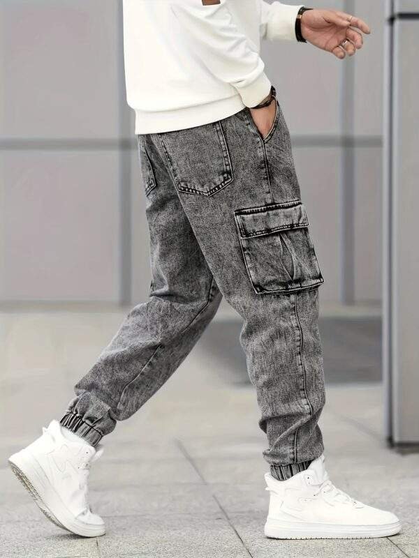 Men’s Slim Fit Cargo Jeans – Stylish Gray Denim, Multi-Pocket, Durable Cotton-Polyester Blend, All-Season - Image 2