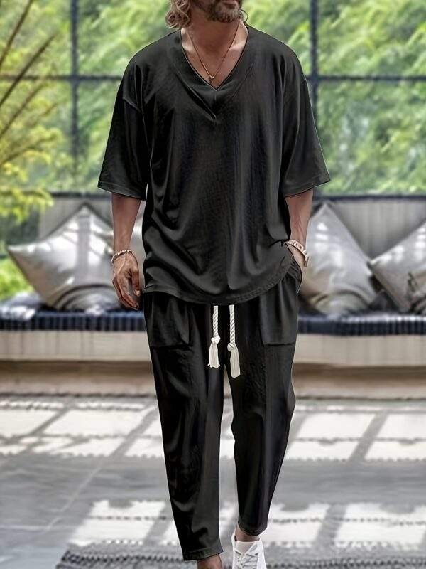 Summer Men'S Cotton Two-Piece V-Neck Short-Sleeved Top Trousers Set Casual Beach Suit - Image 2
