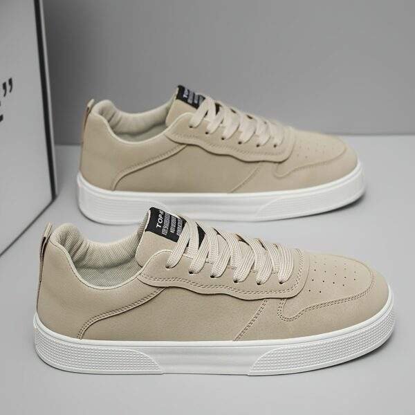 Men's 2025 New Low-Top Skate Sneakers - Beige Canvas Lace-Up Casual Streetwear Shoes with PVC Sole, Breathable Fabric Lining & Minimalist Design for All-Season Urban Outdoor Comfort, Skate Shoes, Durable Traction Footwear - Image 2