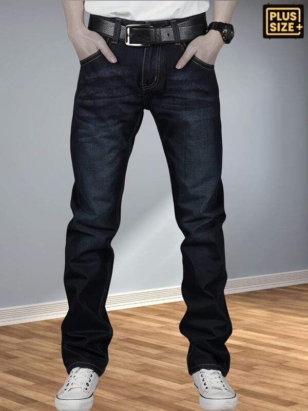 Plus-Size Men’s Stretchy Denim Pants – Comfortable Loose Straight Casual Trousers with Back Pockets & Flaps, All-Season, Plus Size - Image 9
