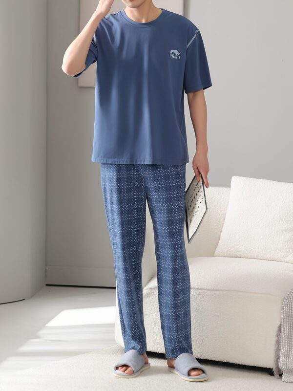 Men's Summer Cotton Pajama Set - Lightweight, Breathable Short Sleeve & Long Pants with Pockets, Casual Round Neck Sleepwear, Plus Size, Home Wear - Image 5