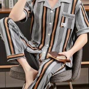 Men's Cotton Pajama Set - Striped Short Sleeve & Long Pants, Lightweight Summer Sleepwear with Lapel Collar and Pockets
