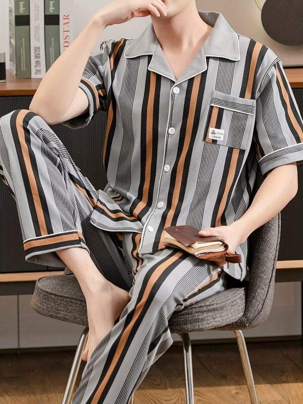 Men's Cotton Pajama Set - Striped Short Sleeve & Long Pants, Lightweight Summer Sleepwear with Lapel Collar and Pockets