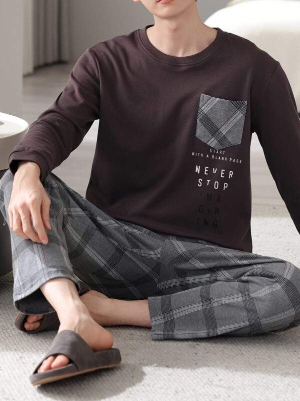 1set Men'S Casual Cotton Pajama Set, Long Sleeve Round Neck Sleepwear with Pockets, Loose Fit Knitted Pullover for Spring/Autumn - Comfortable Thin Cotton Outfit - Image 5