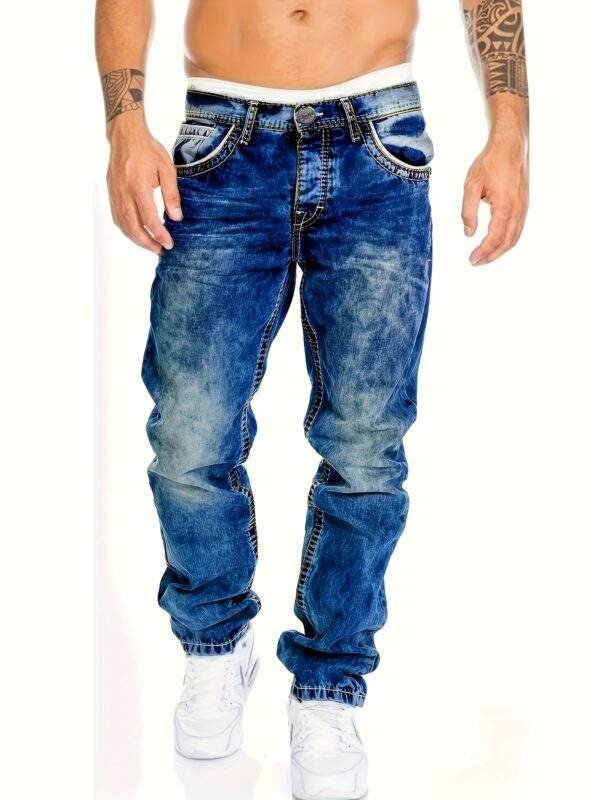 Men's Washed Elastic Jeans – American Style, Fashionable Straight Fit for All Seasons - Image 4