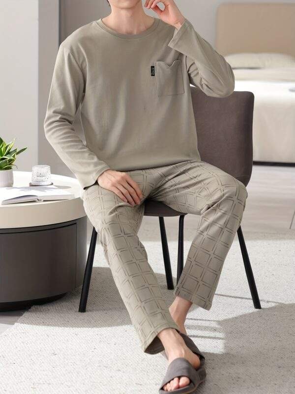 1set Men'S Casual Cotton Pajama Set, Long Sleeve Round Neck Sleepwear with Pockets, Loose Fit Knitted Pullover for Spring/Autumn - Comfortable Thin Cotton Outfit - Image 4