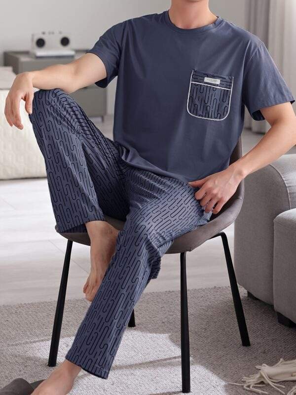 Easy Care, Men's Summer Cotton Pajama Set - Casual Short Sleeve & Long Pants, Breathable Lightweight Sleepwear with Pockets - Image 4