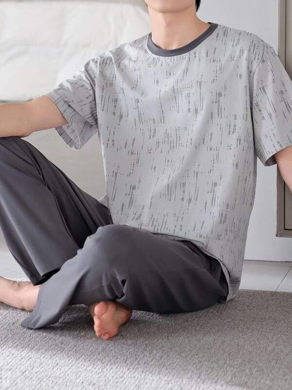 Men'S Sleepwear Set for Spring And Summer, Featuring a Pure Cotton Short-Sleeve Top And Long Pants, Designed As a Simple Plus-Size Homewear Set. - Image 4