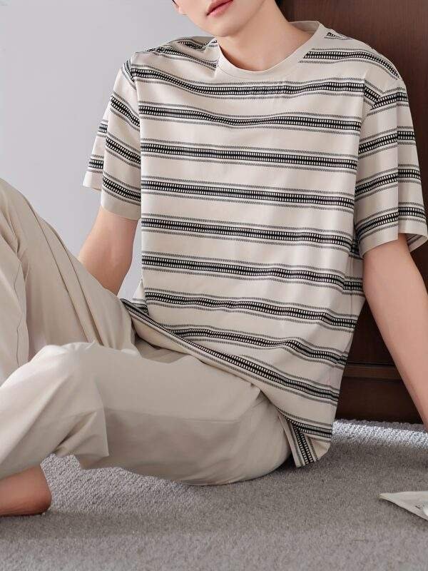 Men'S Summer Cotton Pajama Set - Casual Striped Short Sleeve & Pants, Breathable Loose Fit with Pockets, Round Neck, Lightweight for Home & Lounge Wear, Comfortable Clothing | Casual Style | Breathable Fabric - Image 3