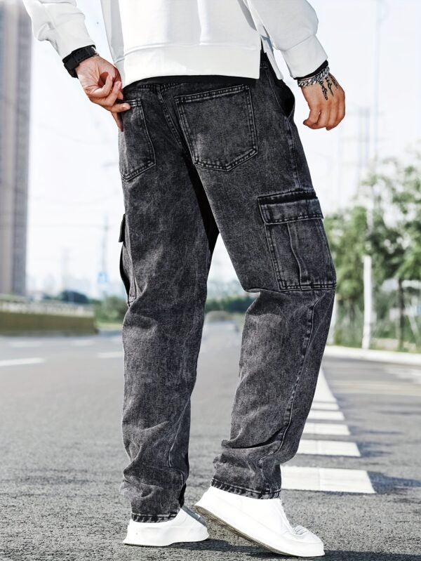 Men's Casual Cargo Denim Jeans – Mid-Rise, Multiple Pockets, Medium Stretch, Straight Leg, All-Season - Image 2