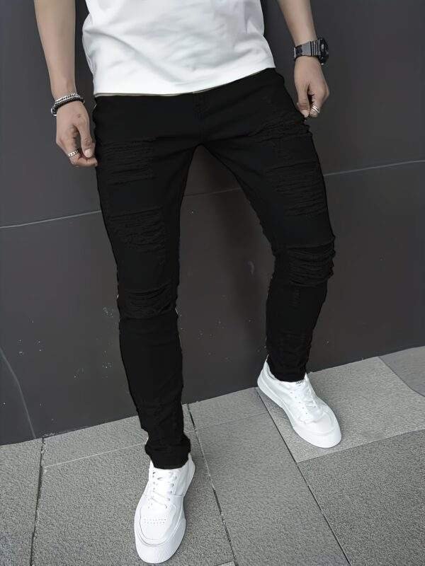 Plus Size Men’s Ripped Solid Denim Trousers – Slim Fit Cotton Blend Jeans with Pockets for Outdoor Activities - Image 9