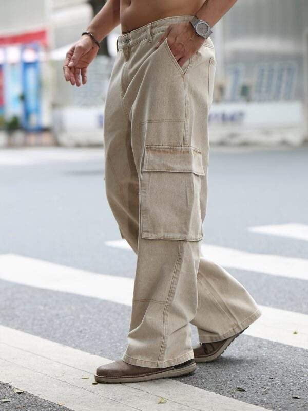 Plus Size Men’s Solid Color Loose Straight Denim Jeans with Side Pockets – Washed Work Style - Image 7