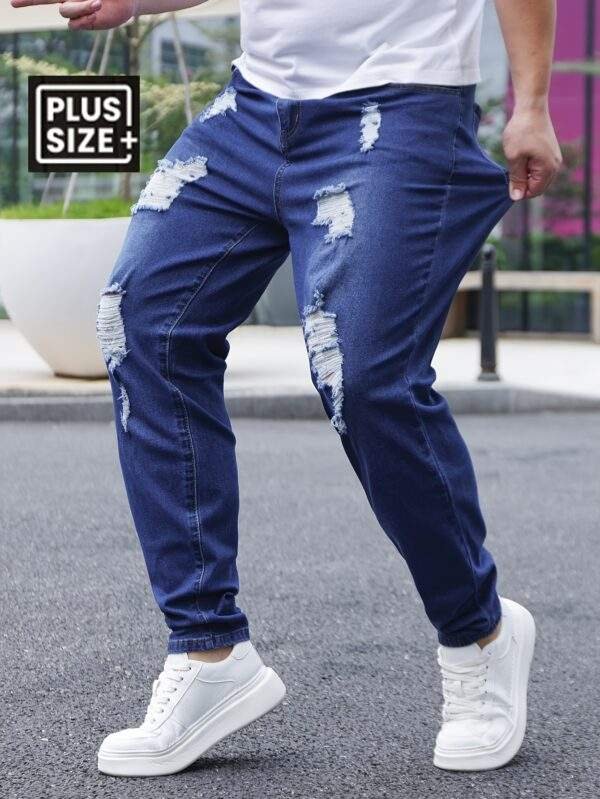 Men’s Plus Size Skinny Jeans – Dark Blue Distressed Stretch Denim, Cotton Blend, Machine Washable, Comfortable Fit, All Seasons - Image 7