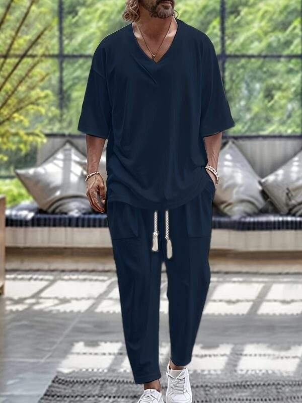 Summer Men'S Cotton Two-Piece V-Neck Short-Sleeved Top Trousers Set Casual Beach Suit - Image 6