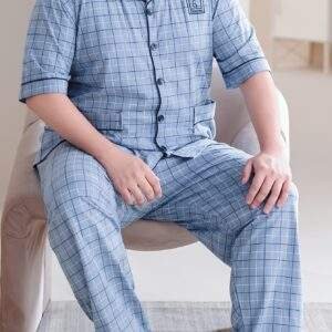 Plus Size Men's 100% Cotton Lapel Cardigan Short Sleeve Long Pants Loungewear, Soft Comfortable Breathable Home Wear, Fits Up to 154.22 KG, PLUS SIZE