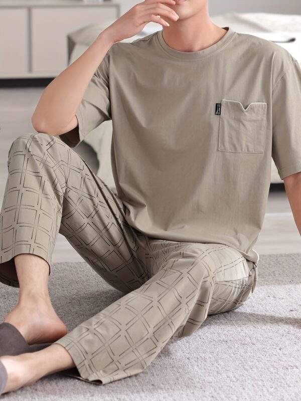 Men'S Casual Summer Cotton Pajama Set - Light Gray, Short Sleeve, Crew Neck, Pocketed, Stretchy Fabric, Regular Fit, No Belt, Home & Outdoor Wear, Relaxed Fit Pajamas | Casual Style | Cotton Fabric - Image 6