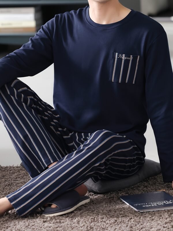 Men's Navy Blue Cotton Pajama Set - Long Sleeve, Crew Neck with Chest Pocket & Striped Elastic Waist Pants, Casual Comfortable Loungewear for Spring/Autumn, Plus Size Available, Plus Size Pajama Set - Image 3