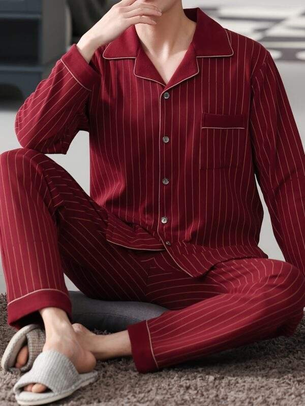 100% Cotton Men'S Pajama Set - Casual Lapel Collar Long Sleeve Sleepwear with Pockets, Striped Slight Stretch Knit Fabric, Loose Fit Lounge Sets for Spring/Fall - Image 3