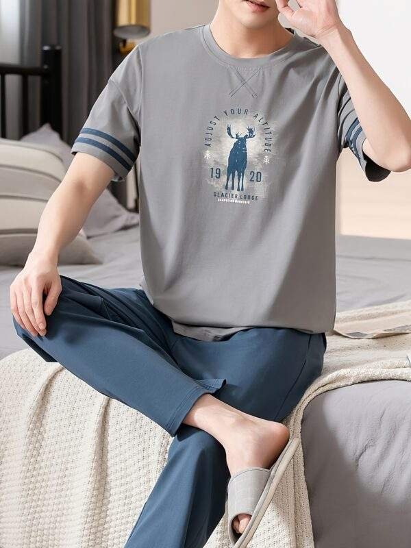 Summer Men's Pajamas Pure Cotton Short Sleeve Long Pants Slim Fit Plus Size Youth Loose Home Wear Set - Image 3