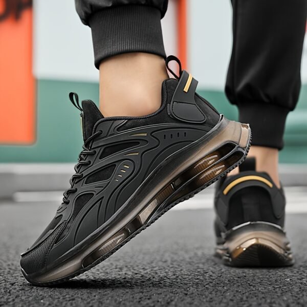 Men's Breathable High-Elasticity Shock-Absorbing Casual Sneakers - Lightweight Low-Top Outdoor Running Shoes with Cushioned EVA Sole, Durable PU Upper & Fabric Lining for Hiking, Daily Wear (Black/Golden Accents) - Image 3