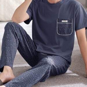 Easy Care, Men's Summer Cotton Pajama Set - Casual Short Sleeve & Long Pants, Breathable Lightweight Sleepwear with Pockets