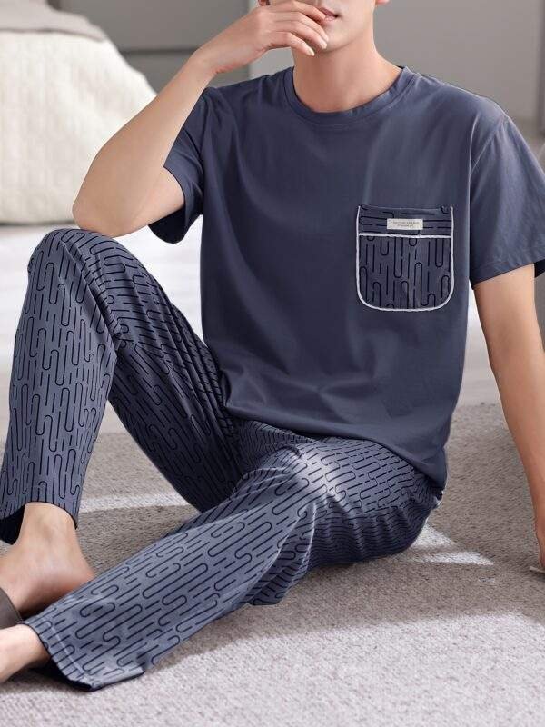 Easy Care, Men's Summer Cotton Pajama Set - Casual Short Sleeve & Long Pants, Breathable Lightweight Sleepwear with Pockets
