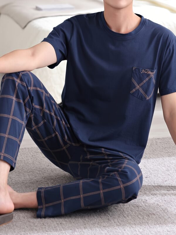 Plus Size 2 Pcs Men's Cotton Short Sleeve & Plaid Print Trousers Pajama Sets, Comfortable & Skin-friendly Style Pajamas For Men's Cozy Loungewear - Image 2