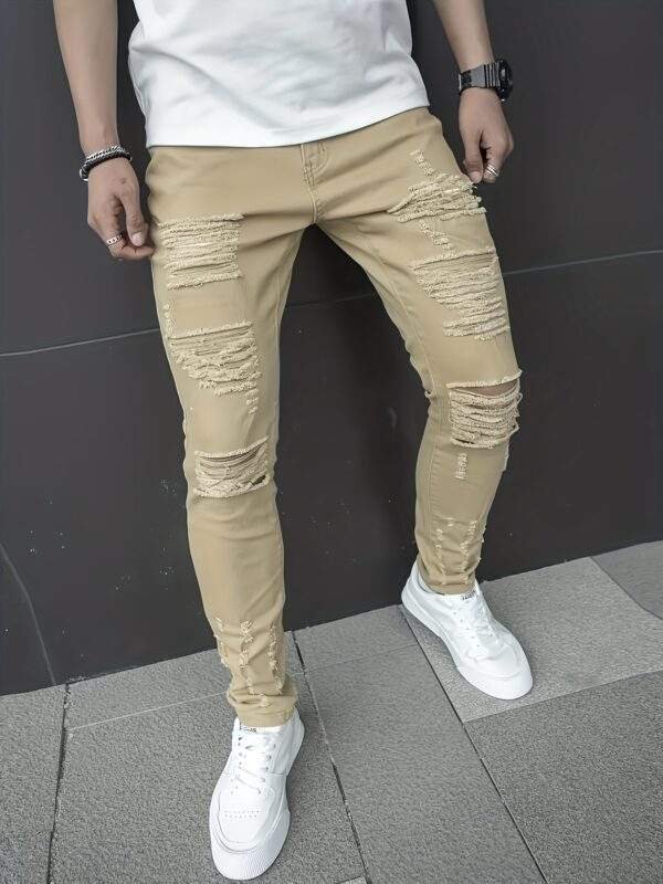 Plus Size Men’s Ripped Solid Denim Trousers – Slim Fit Cotton Blend Jeans with Pockets for Outdoor Activities - Image 8