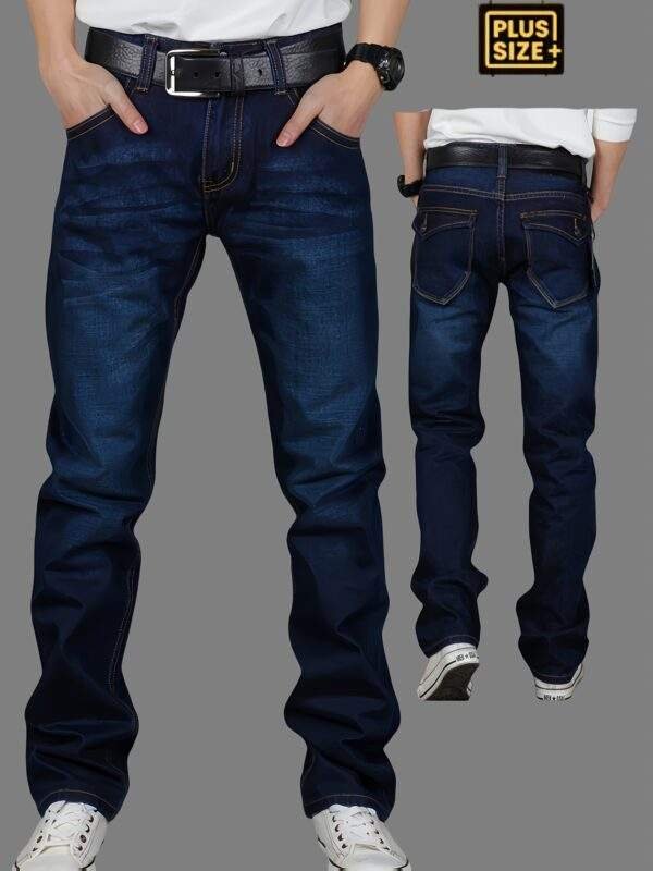 Plus-Size Men’s Stretchy Denim Pants – Comfortable Loose Straight Casual Trousers with Back Pockets & Flaps, All-Season, Plus Size - Image 2
