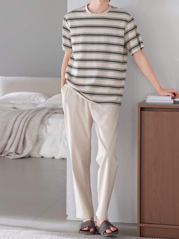 Men'S Summer Cotton Pajama Set - Casual Striped Short Sleeve & Pants, Breathable Loose Fit with Pockets, Round Neck, Lightweight for Home & Lounge Wear, Comfortable Clothing | Casual Style | Breathable Fabric - Image 5