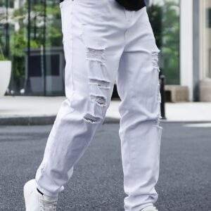 Men’s Plus Size Ripped Skinny Jeans – High Stretch Cotton-Elastane Blend, Solid Color, All-Season, 369g/m² Fabric