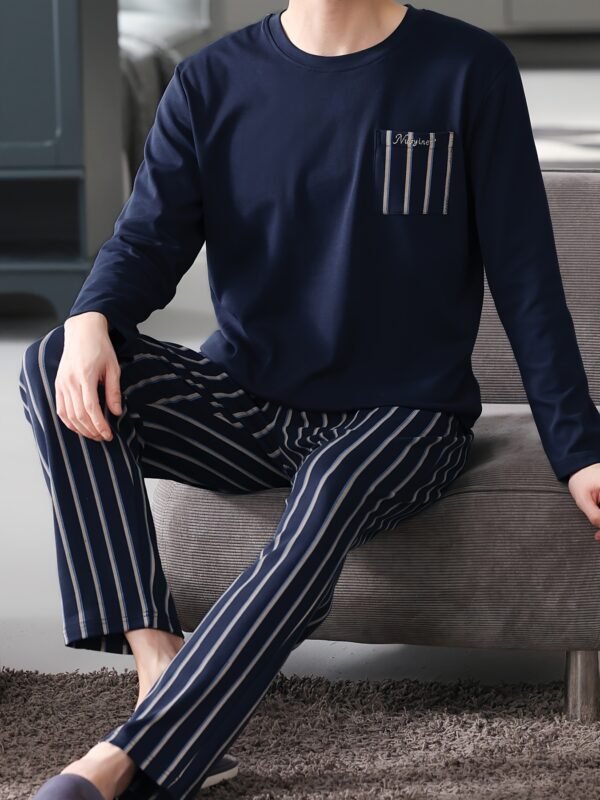 Men's Navy Blue Cotton Pajama Set - Long Sleeve, Crew Neck with Chest Pocket & Striped Elastic Waist Pants, Casual Comfortable Loungewear for Spring/Autumn, Plus Size Available, Plus Size Pajama Set - Image 5