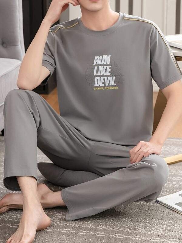 Men'S Casual Summer Cotton Pajama Set - Light Gray, Short Sleeve, Crew Neck, Pocketed, Stretchy Fabric, Regular Fit, No Belt, Home & Outdoor Wear, Relaxed Fit Pajamas | Casual Style | Cotton Fabric - Image 2